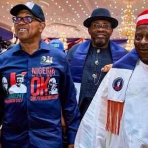 Peter Obi and Rabiu Musa Kwankwaso pictured at an NDC convention in Abuja during discussions on party anti-defection policy exemption.