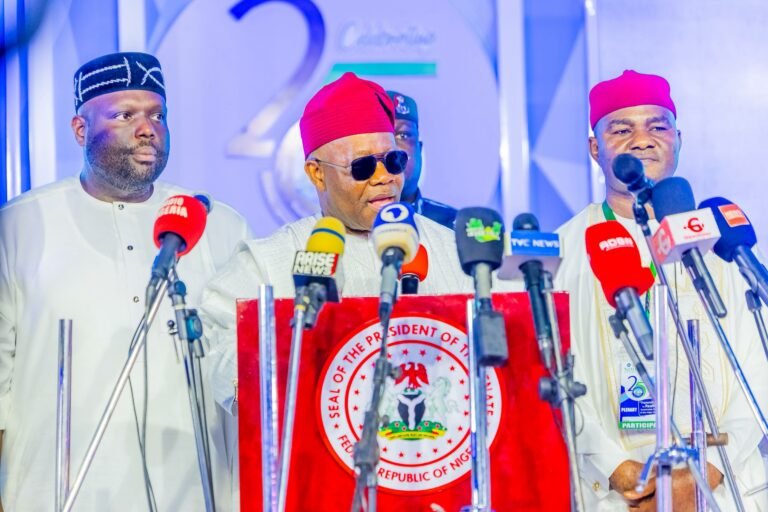 Senate President Godswill Akpabio addressing worshippers during a Democracy Day church service at the National Christian Centre in Abuja