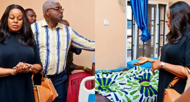 Nonye Soludo, wife of the Anambra governor, speaking with medical staff during a hospital visit to an abused 10-year-old boy receiving treatment in Anambra State.
