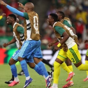 South Africa players celebrate after Thapelo Maseko scored the winning goal in a 1-0 World Cup victory over South Korea in Monterrey.