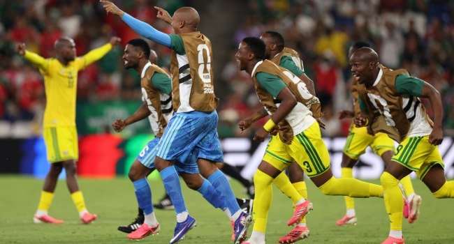 South Africa players celebrate after Thapelo Maseko scored the winning goal in a 1-0 World Cup victory over South Korea in Monterrey.