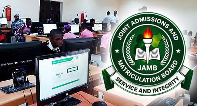 JAMB logo alongside students writing examination papers during UTME registration process in Nigeria.