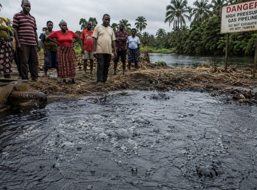 Gas bubbles rising from a water surface in Bille community, Rivers State, where residents report ongoing toxic gas seepage.