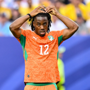 Ivory Coast striker Elye Wahi in action during a World Cup match, amid visa denial linked to a French match-fixing investigation.