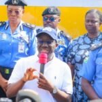 Edo State Governor Monday Okpebholo addressing police officers during a security briefing in Benin City after a parade of suspected criminals.