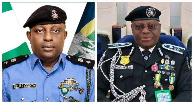 Anietie Iniedu and outgoing Force PRO Anthony Placid in a photo collage following the announcement of a leadership change in the Nigeria Police Force.