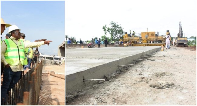 Minister of Works David Umahi inspecting federal road construction sites in Nigeria during an official project monitoring tour.