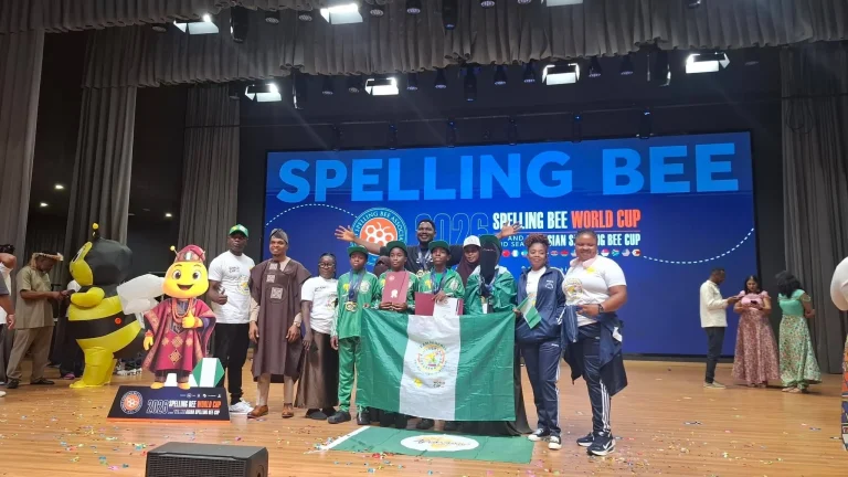 Team Nigeria celebrates after winning the Gold Award in the Middle School Group category at the 2026 Spelling Bee World Cup in Shanghai, China.
