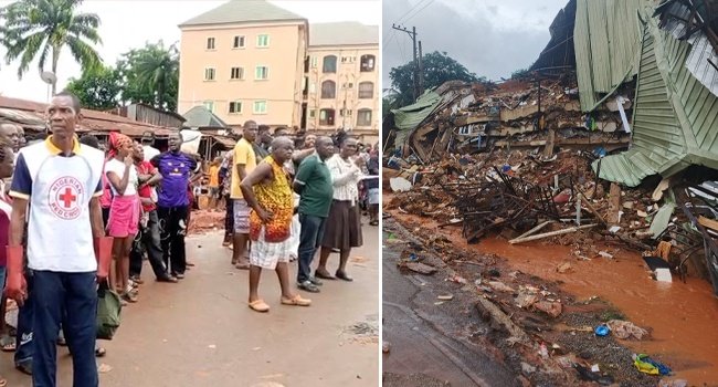 Officials inspect the sealed site of the collapsed Elite Five Star Lodge in Amaokpala near Oko, Anambra State, as investigations into the structural failure continue.