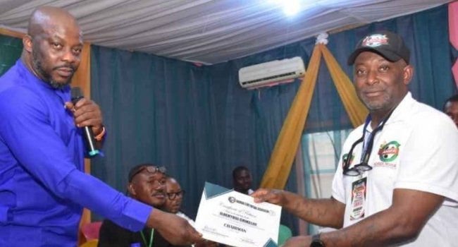 Chikelue Iloenyosi speaking after being re-elected as Chairman of the Anambra State Football Association.