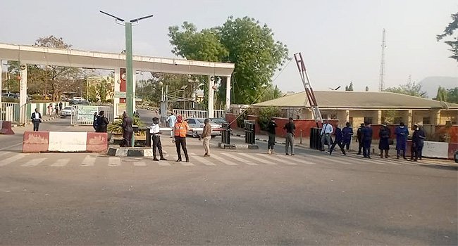 Security personnel at the entrance of the Federal Capital Territory Administration headquarters in Abuja as FCTA begins promotion exercise for civil servants.