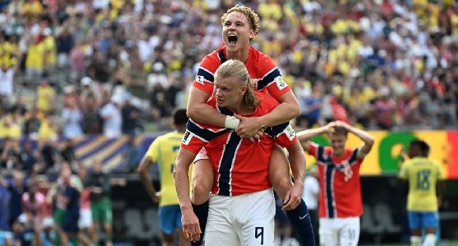 Erling Haaland celebrates after scoring against Brazil as Norway secure a historic 2-1 victory to reach the 2026 FIFA World Cup quarter-finals.