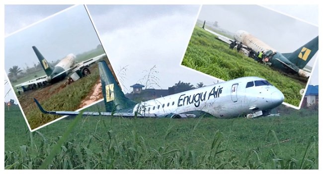 Enugu Air aircraft after skidding off the runway at Benin Airport as emergency responders secure the scene.