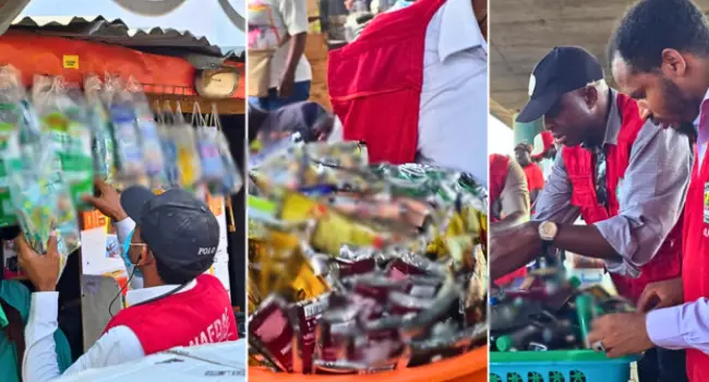 NAFDAC officials conducting enforcement operations to seize banned sachet alcohol and small PET bottle alcoholic drinks at a market in Nigeria.
