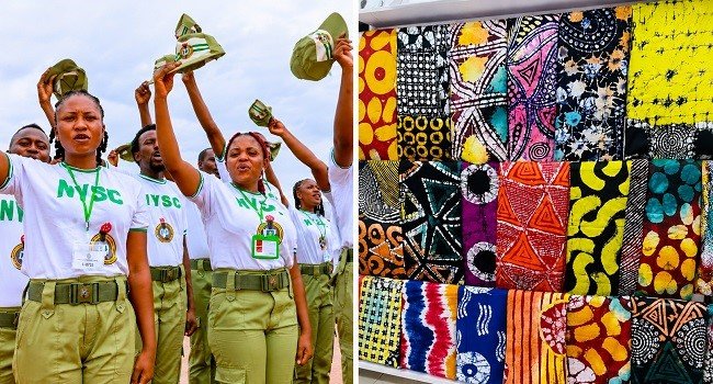 NYSC corps members during parade as the Federal Government announces plans to replace khaki uniforms with Adire fabric under new reform measures.