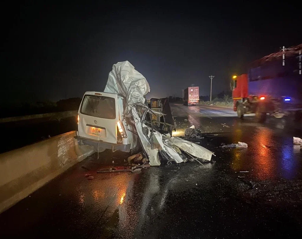 FRSC officials at the scene of the fatal road crash involving a truck and a Toyota Hiace bus at Saapade Bridge on the Lagos-Ibadan Expressway in Ogun State.