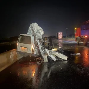 FRSC officials at the scene of the fatal road crash involving a truck and a Toyota Hiace bus at Saapade Bridge on the Lagos-Ibadan Expressway in Ogun State.