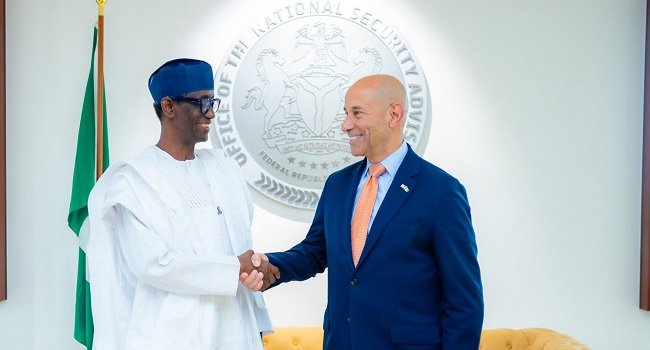US Assistant Secretary of State for African Affairs Frank Garcia meets National Security Adviser Nuhu Ribadu during his official visit to Nigeria.
