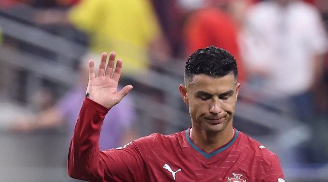 Cristiano Ronaldo waves to Portugal supporters after the team's 1-0 defeat to Spain in the 2026 FIFA World Cup Round of 16 match in Texas.