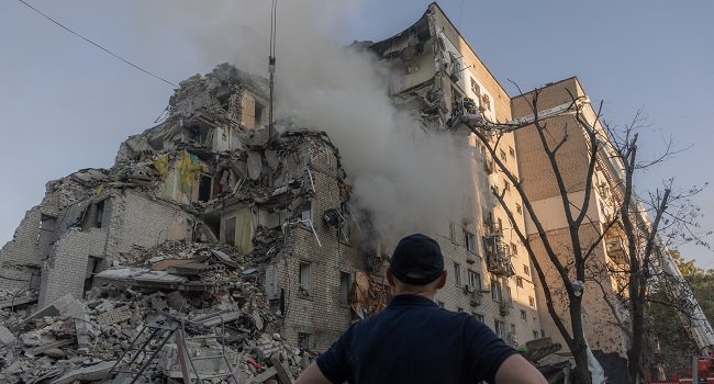 Damaged residential building in Kyiv after Russia’s massive overnight missile and drone attack that killed at least 17 people.