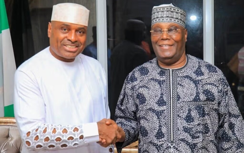 Atiku Abubakar and Kenneth Okonkwo pictured after Okonkwo’s appointment as spokesperson for the 2027 presidential campaign.