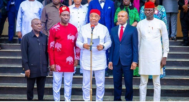 Imo State Governor Hope Uzodimma speaks during a meeting where he announced that South-East governors had resolved to support President Bola Tinubu's 2027 re-election bid.