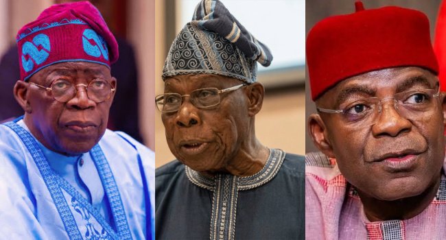 President Bola Tinubu's representative, former President Olusegun Obasanjo and Governor Alex Otti during the 60th memorial ceremony for Major General Johnson Aguiyi-Ironsi in Umuahia, Abia State.
