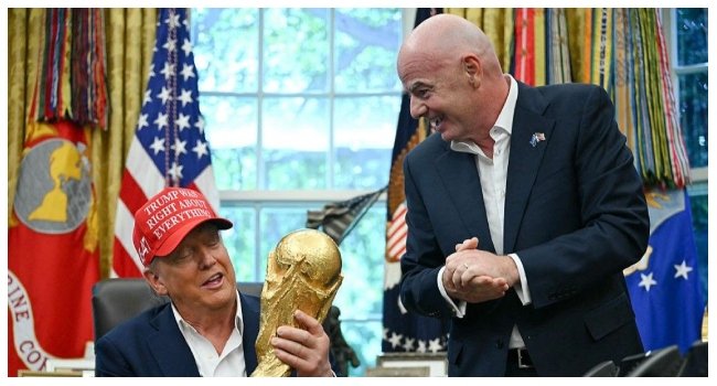 FIFA President Gianni Infantino with US President Donald Trump and the FIFA World Cup trophy before the 2026 World Cup final.