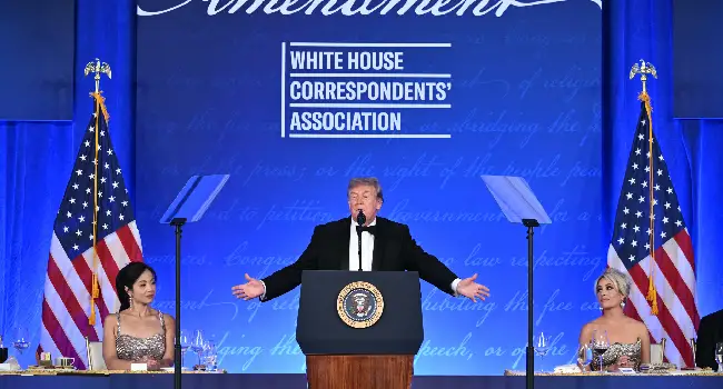 US President Donald Trump speaks during the 2026 White House Correspondents’ Association Dinner at the Waldorf Astoria in Washington, DC.