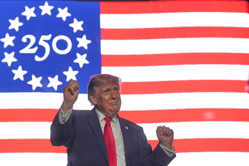 US President Donald Trump speaks during Independence Day celebrations at Mount Rushmore as America marks its 250th anniversary.