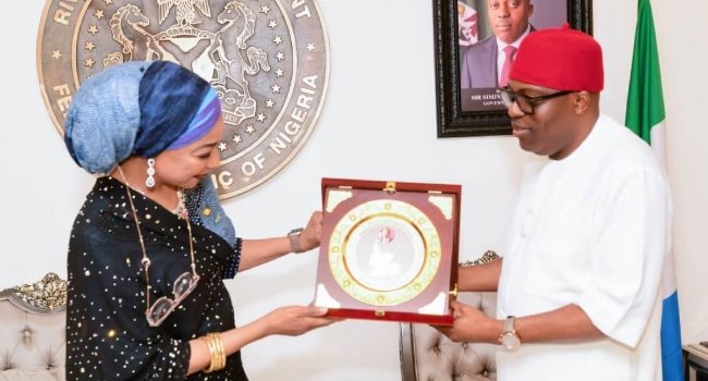 Governor Siminalayi Fubara and Minister Hannatu Musawa during the signing of the tourism MoU at Government House, Port Harcourt.