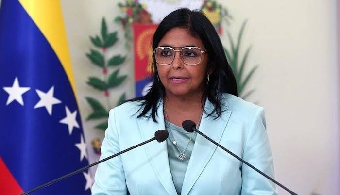 Venezuela's acting president Delcy Rodriguez speaks during a national broadcast as she says the country's oil production was not affected by the June earthquakes.