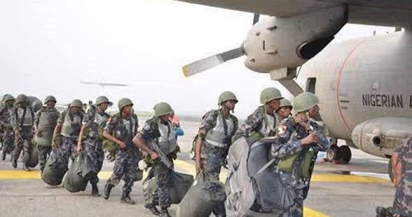Nigerian Air Force C-130H aircraft airlifting troops for ECOWAS peacekeeping mission to The Gambia.
