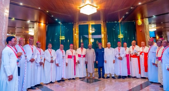 President Bola Tinubu addresses leaders of the Catholic Bishops' Conference of Nigeria during a meeting at the State House in Abuja.