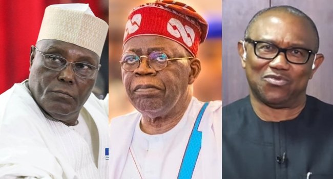 A photo collage of Bola Tinubu, Peter Obi and Atiku Abubakar alongside INEC's announcement on the publication of candidates' credentials for the 2027 General Election.