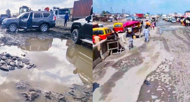 Motorists stuck in gridlock on the Benin-Asaba Expressway amid worsening road conditions.