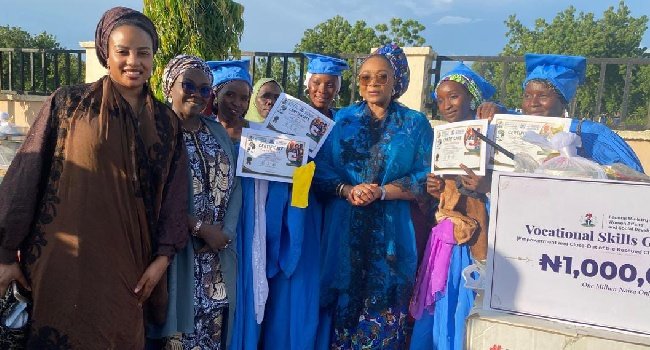 Rescued Chibok girls at their graduation and empowerment ceremony in Yola after receiving ₦1 million grants and vocational starter packs from the Federal Government.