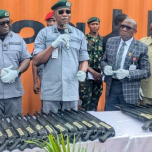 Nigeria Customs Comptroller-General Adewale Adeniyi during the handover of 399 seized rifles to the Office of the National Security Adviser.