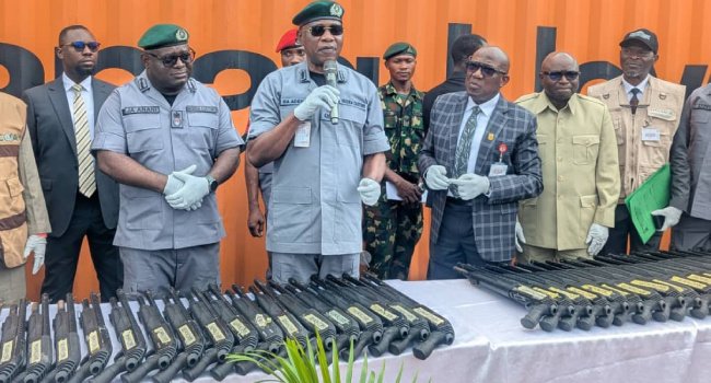 Nigeria Customs Comptroller-General Adewale Adeniyi during the handover of 399 seized rifles to the Office of the National Security Adviser.
