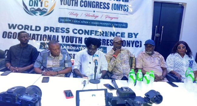 Ogoni youths and newly inaugurated Ogoni National Youth Congress executives at an International Youth Day event in Port Harcourt.