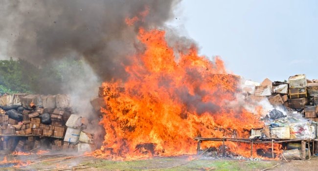 NDLEA officials destroy over 329,865 kilogrammes of illicit drugs worth ₦301 billion at Navy Town in Ojo, Lagos.