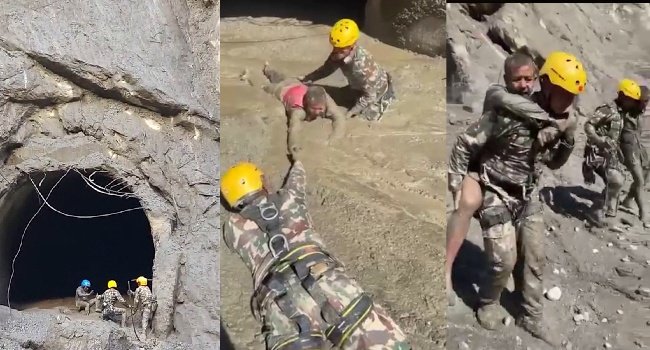 Rescue teams evacuate survivors after devastating flash floods in Nepal's Nuwakot district.