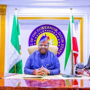 Osun State Governor Ademola Adeleke speaking after his re-election victory in the 2026 governorship election.