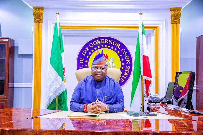 Osun State Governor Ademola Adeleke speaking after his re-election victory in the 2026 governorship election.