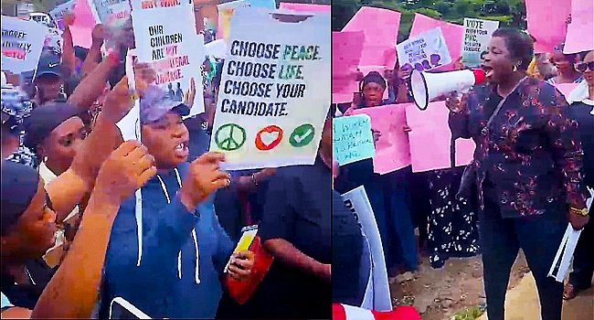 Women protesting against electoral violence and intimidation ahead of the 2026 Osun governorship election in Osogbo.
