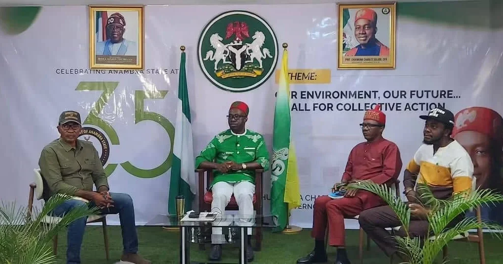 Anambra State Governor Chukwuma Soludo speaking during a statewide broadcast marking the state’s 35th anniversary.