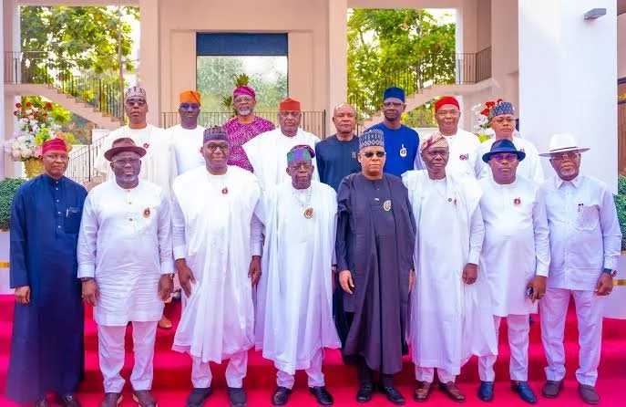President Bola Tinubu meeting APC governors at the Presidential Villa in Abuja to discuss the controversial 2027 campaign council list.