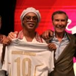 Ronaldinho holds a Ravenna FC jersey during the Italian club's team presentation in Marina di Ravenna.