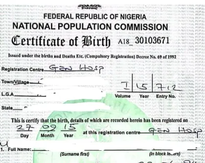 Screenshot showing the National Population Commission's new online portal for birth and death certificate applications in Nigeria.
