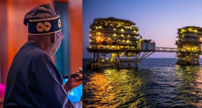 President Bola Tinubu and deep offshore oil rigs representing Nigeria’s $50bn investment framework.